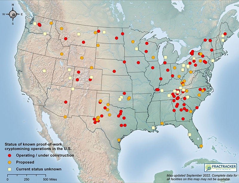 map-cryptomining-us_fractracker-800 Map of known proof-of-work cryptocurrency mining operations in the United States.